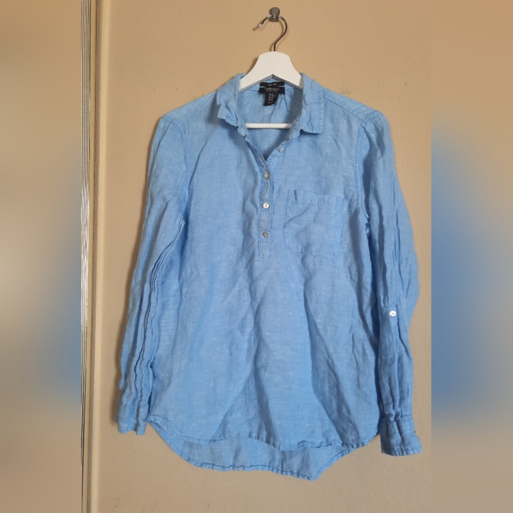 Jones New York 100% Linen Light Blue Half Button-Up Blouse
